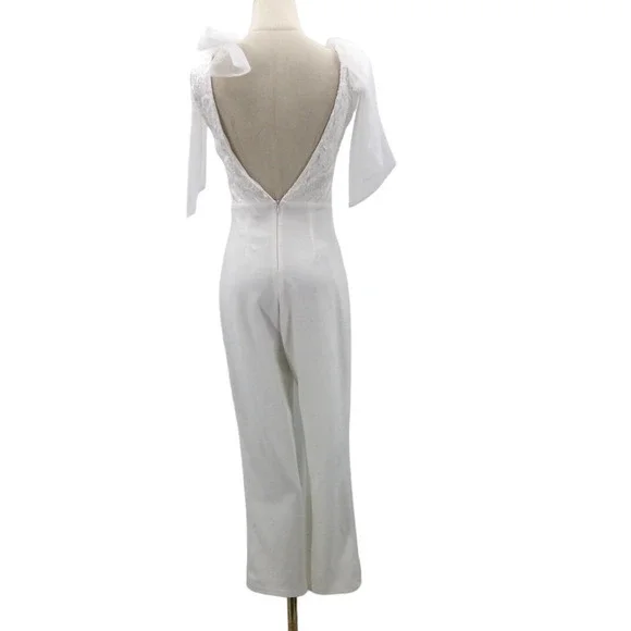 LULU'S XL White Dignified Beauty Mesh Embroidered Tie-Strap Jumpsuit NEW B137